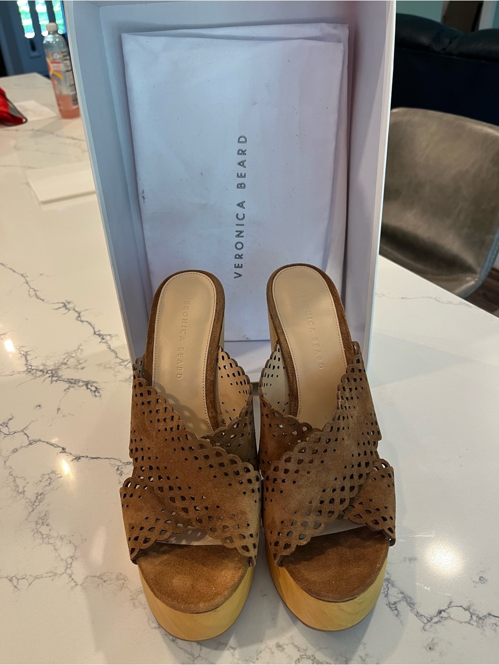 Veronica Beard Tan Brown Suede Scalloped Perforated Platform Mules 9.5